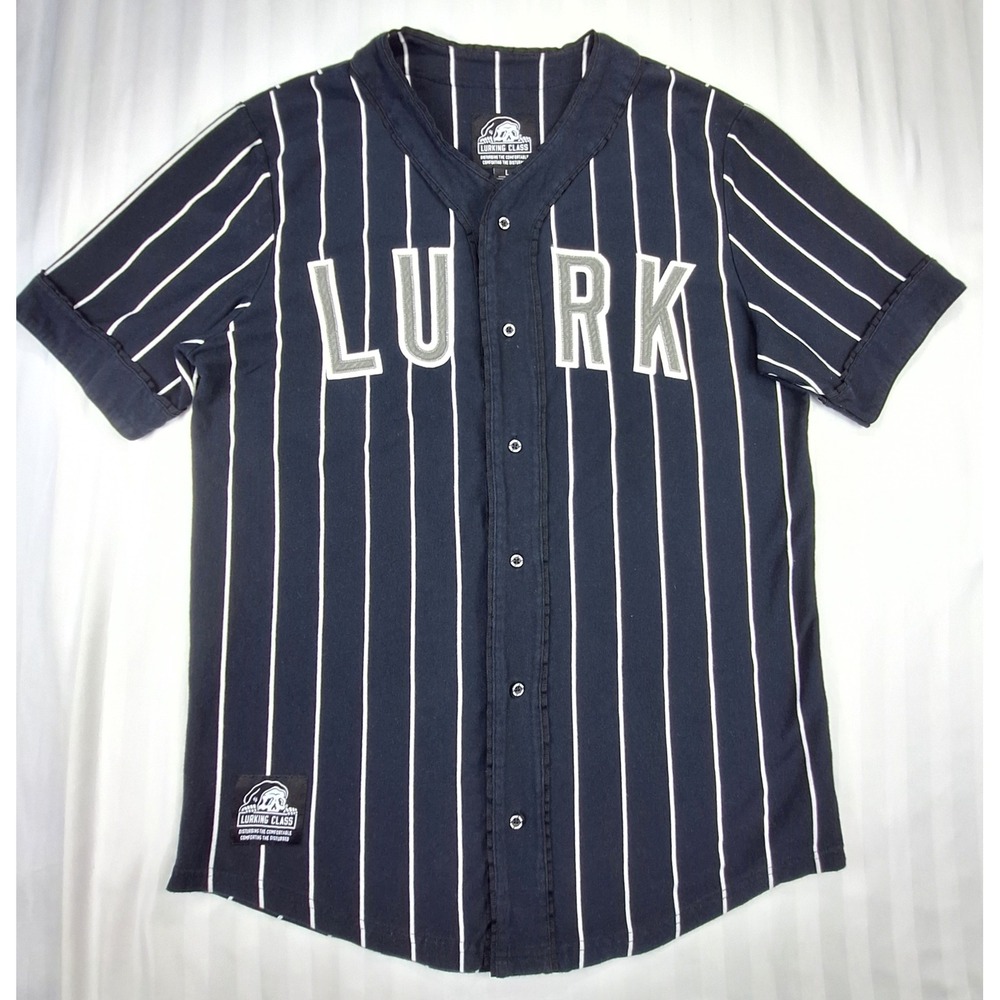 Lurking‎ Class Sketchy Tank Mens Black Pinstripe LURK Skull Baseball Jersey L